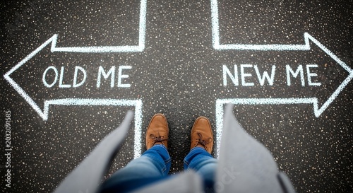 Choosing a New Direction Person Standing at Crossroads Between Old and New Self