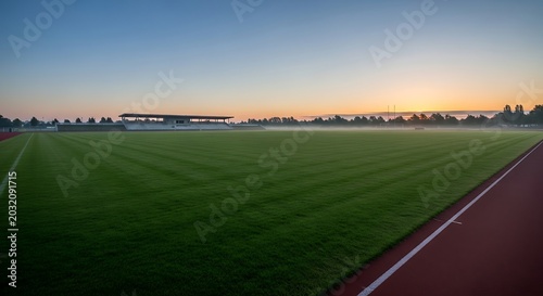 Sunrise over an empty sports stadium with green grass field and running track