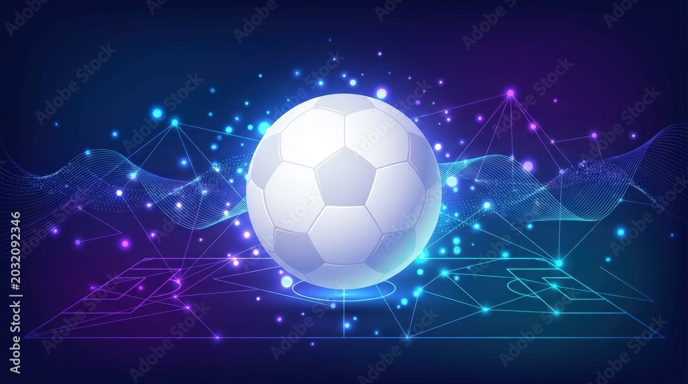 Naklejka premium Football analytics visualization with digital data elements and soccer ball