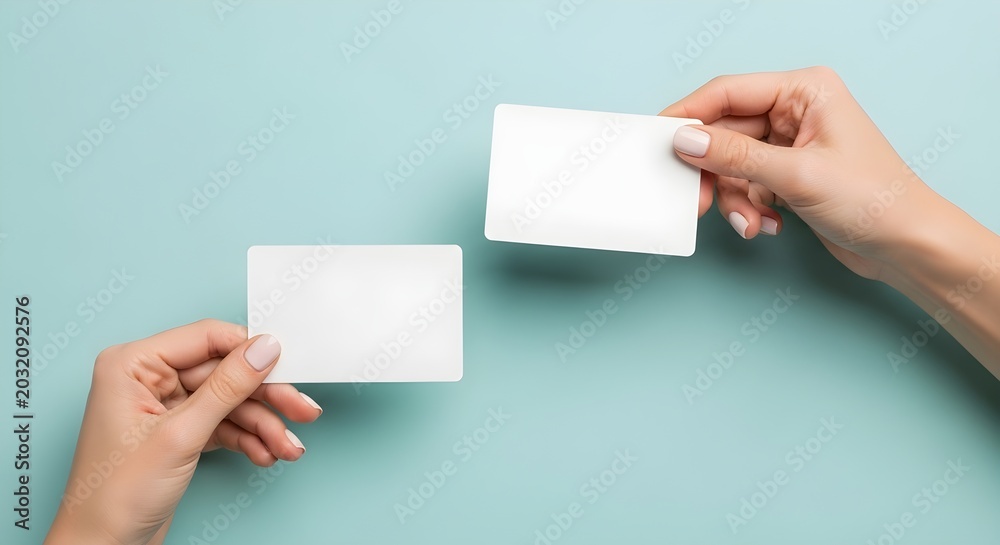 Obraz premium Two Hands Holding Blank White Cards Against a Light Blue Background
