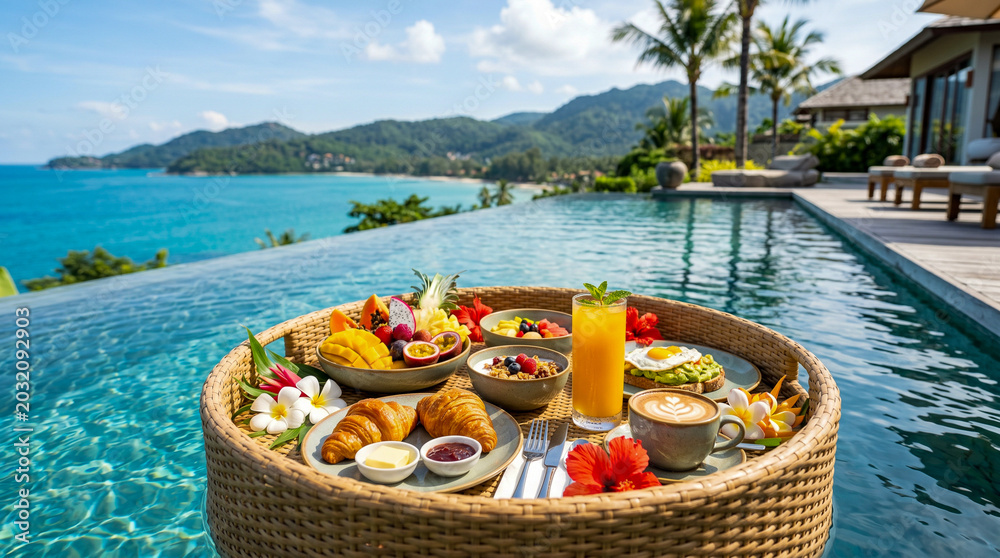 Obraz premium Desayuno flotante en piscina tropical con ambiente exclusivo y relajante de vacaciones.
