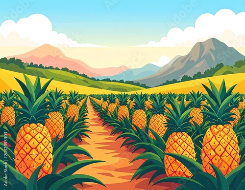 Pineapple plantation with mountain range background.