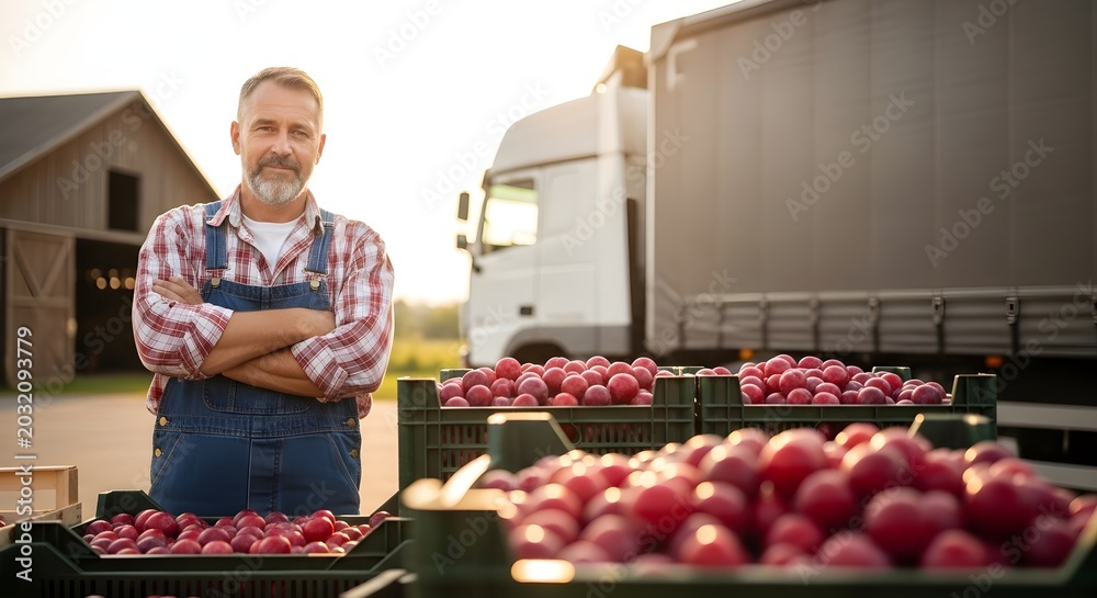 Fototapeta premium Farmer Standing with Arms Crossed Next to Crates of Freshly Picked Raspberries