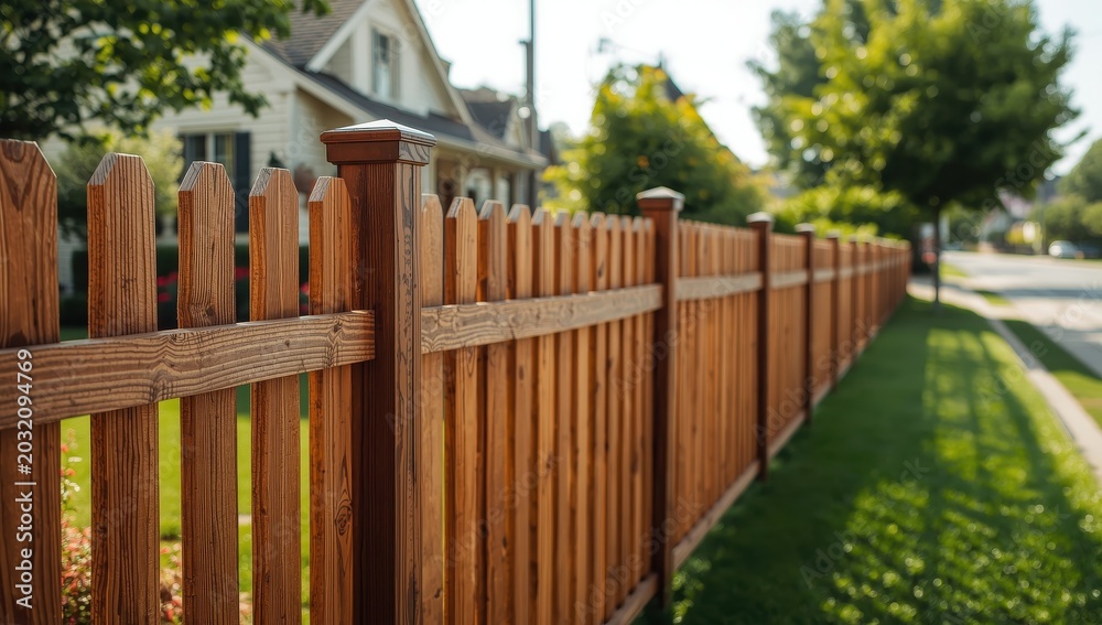 Obraz premium Fresh wooden fence encircling home, green yard, empty street, blurred focus.
