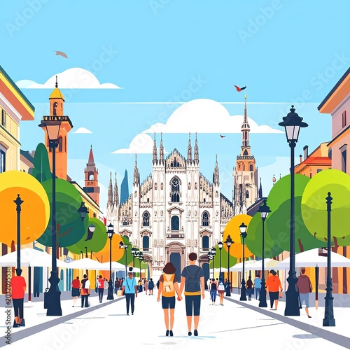People walking on city street with buildings.