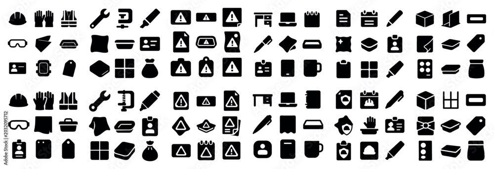 Obraz premium Workplace safety and industrial tools vector symbols with hard hat gloves and wrench for dashboard interface in flat design