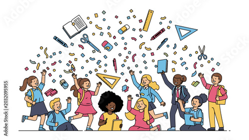Tableau sur toile Back to School Bash: A diverse group of cheerful children celebrates the start of the school year amidst a cascade of confetti and school supplies, embodying excitement and learning