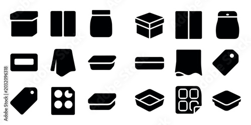 Filled packaging and container silhouette icons for storage featuring box, jar, tray and label