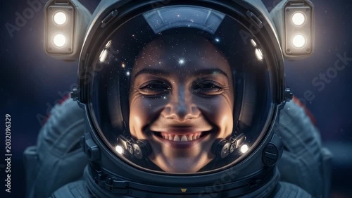 Smiling female astronaut in space suit