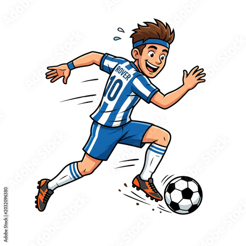 Happy Cartoon Soccer Player Dribbling Ball - Blue Striped Jersey Number 10 Vector, kids books, youth soccer club logos, sports day posters, stickers, t-shirt designs, and educational materials. 
