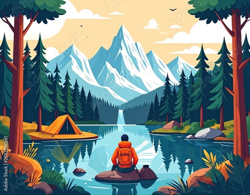 Person sitting by serene mountain lake.