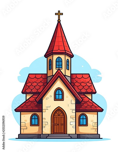 Small Christian church with red roof.