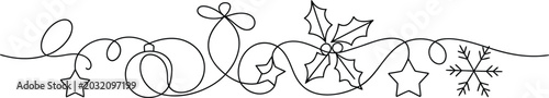 Fotografi Dashing line with festive christmas ornaments and snowflakes christmas decoratio