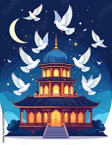 Pagoda at night with flying doves.