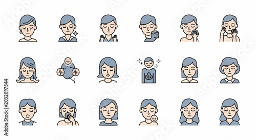 Cartoon woman faces various expressions.