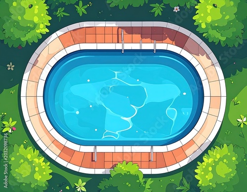 Overhead view of residential backyard pool.