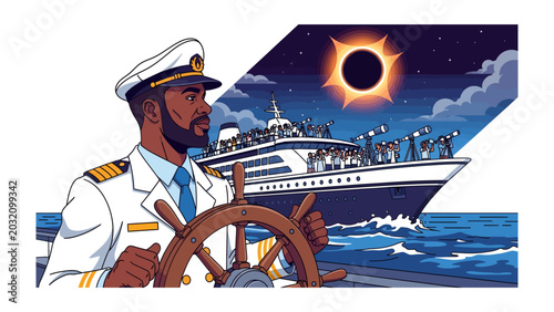 Tableau sur toile Navigator of the Celestial Seas: A resolute ship captain, clad in a crisp uniform, mans the helm of a majestic cruise liner sailing under a sky illuminated by a dramatic solar eclipse