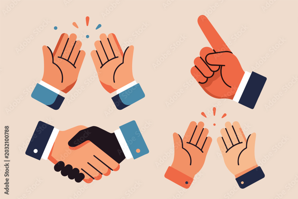 Fototapeta premium Set of hand gestures including clapping hands a pointing finger and a professional handshake representing communication and agreement.