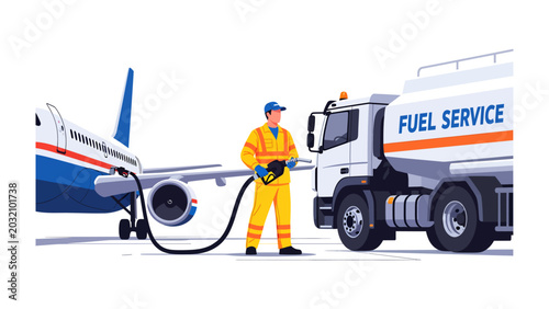 Tableau sur toile Aircraft Refueling: A fuel service truck is supplying fuel to an airplane on the tarmac, with a worker in uniform operating the fuel nozzle