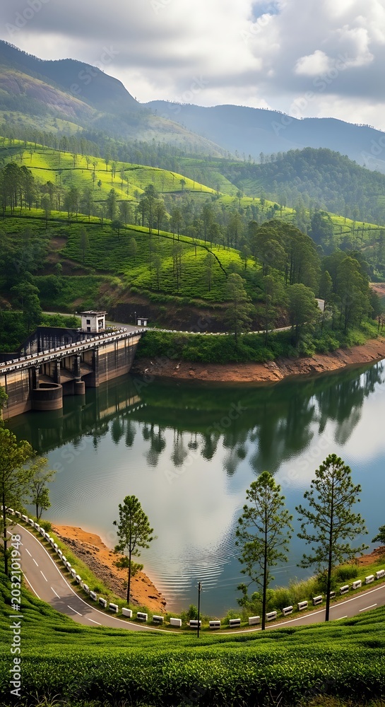 Fototapeta premium Serene reservoir behind a dam, surrounded by lush green hills and winding roads