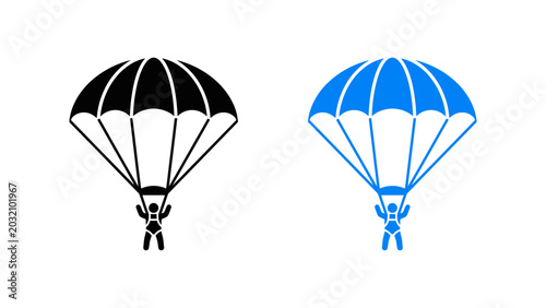 Εκτύπωση καμβά Parachutist descending with parachute icon set in black and blue colors for extr