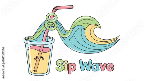 Foto Ocean Sip: A vibrant illustration of a refreshing drink with a colorful wave cresting, symbolizing a cool and invigorating experience