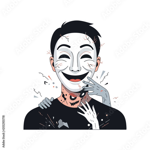 Smiling face mask and scary hands touching illustration