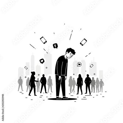 Social Media Overload: Illustration of Disconnected Man in Urban Setting