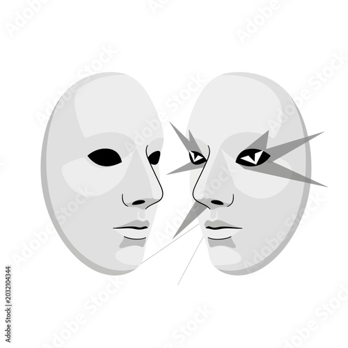 Two Faces Symbolizing Conflict and Disagreement on White
