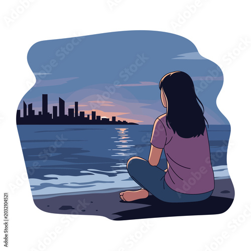 Woman admiring the cityscape sunset by the sea, illustration