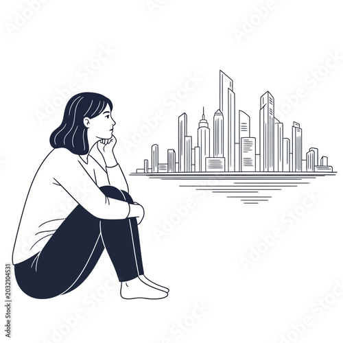 Woman Contemplating City Skyline - Simple Line Art Drawing