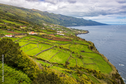 Aerial view of green agricultural stone-walled fields and traditional rural houses on the volcanic cliffs of Pico Island coastline in the Azores, Portugal.