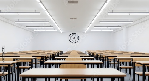 Empty modern classroom with rows of desks and a clock on the wall