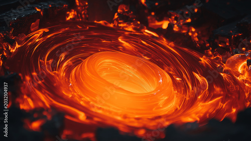 Full frame macro of molten glass gather glowing fiery orange with swirling liquid spirals surrounded by glowing embers