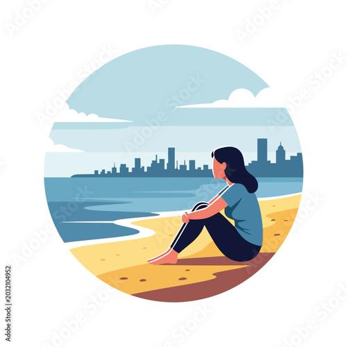 Woman seated on beach observing stunning skyline scenery, vector art