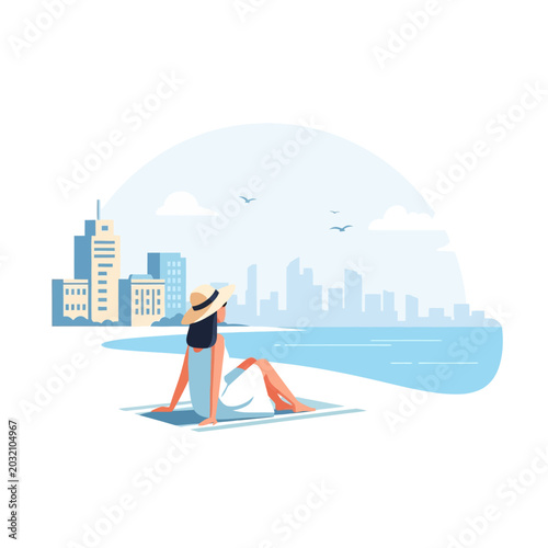 Woman relaxing on beach looking at cityscape, vector illustration.