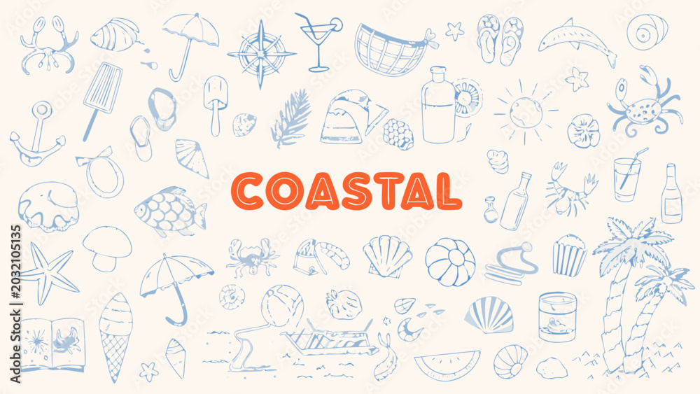 Obraz premium Hand drawn coastal themed doodles including seashells crabs beach umbrellas and tropical plants on a white background seascape ocean marine summer