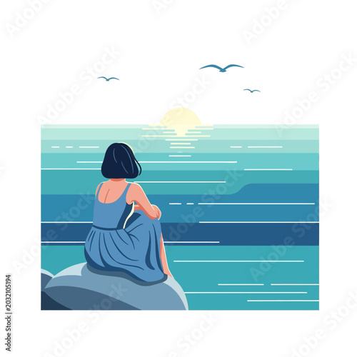 Woman watching sunrise over ocean with seagulls, vector illustration
