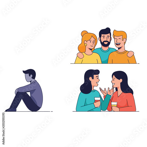 Illustration of isolation and connection, loneliness and companionship figures.