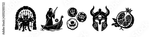 Bild auf Leinwand Ancient Mythology Underworld Woodcut Vector Icons