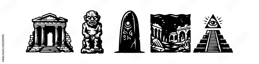 Obraz premium Ancient Mystical Ruins and Symbols Grunge Icon Set