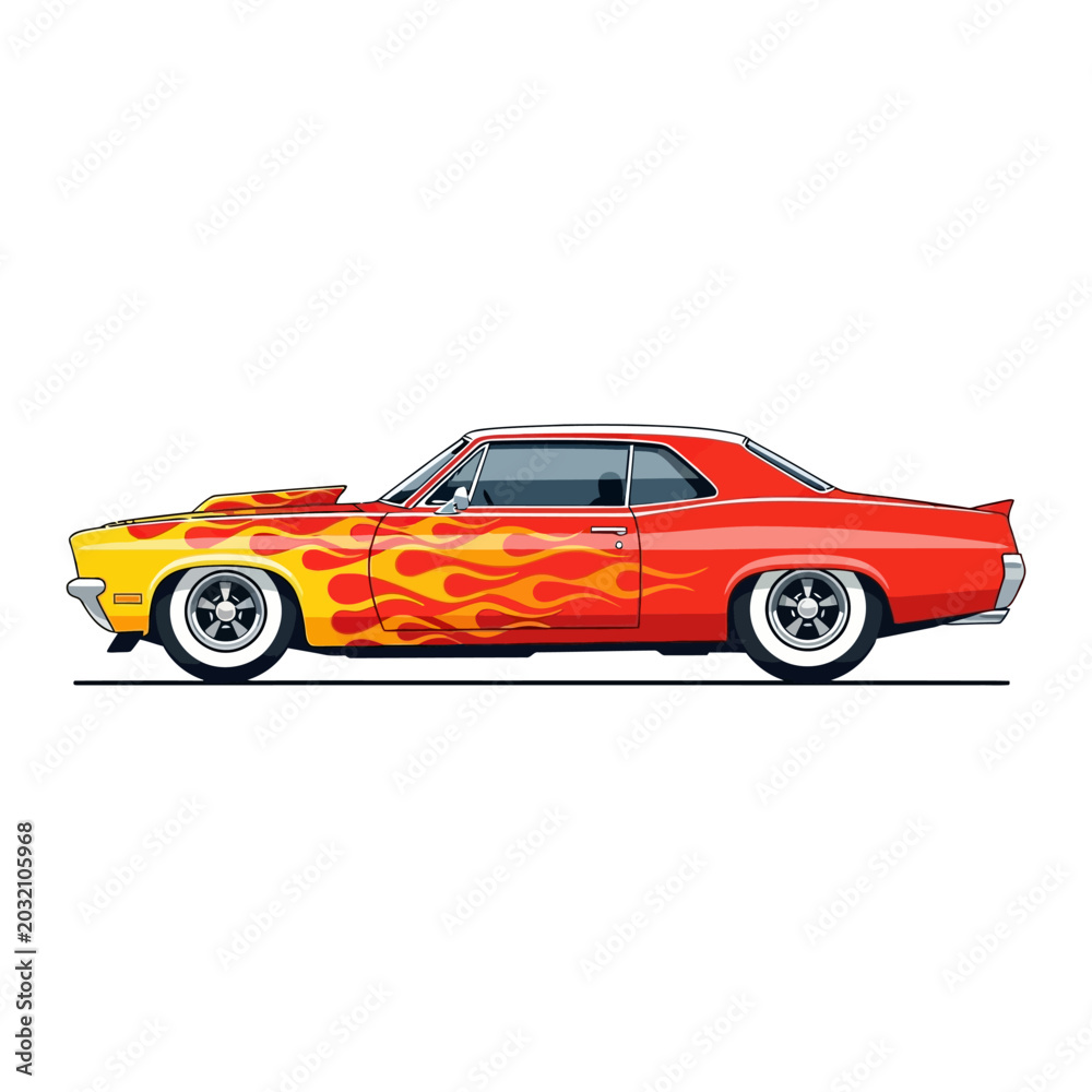 Obraz premium Classic muscle car with flame graphic, on white background