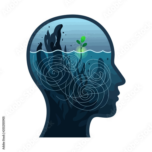 Inner World: Head Silhouette with Nature & Thought Process