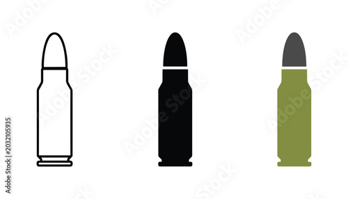 Fotografie Bullet ammunition weapon icons in outline solid and olive green flat style for t