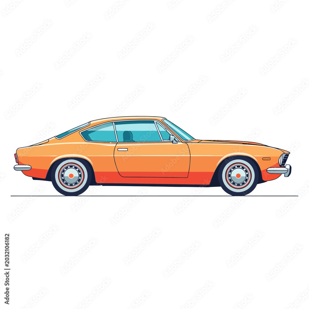 Naklejka premium Classic Orange Coupe Car Illustration, Side View, Outline Style