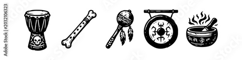 Foto Shamanic Ritual Instruments Hand Drawn Icon Set