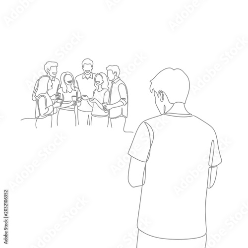 Loneliness Concept: Man Facing Group of People, Line Art Illustration