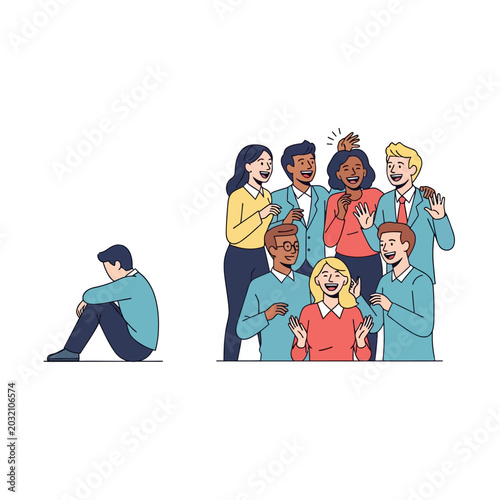 Loneliness contrasting happiness - A sad person isolated, surrounded by a laughing group