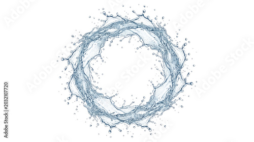 A realistic circular ring formed by splashing blue water with droplets frozen midair on a transparent background