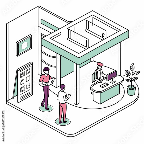 Tableau sur toile Isometric office concept with staff interacting in reception area business cente